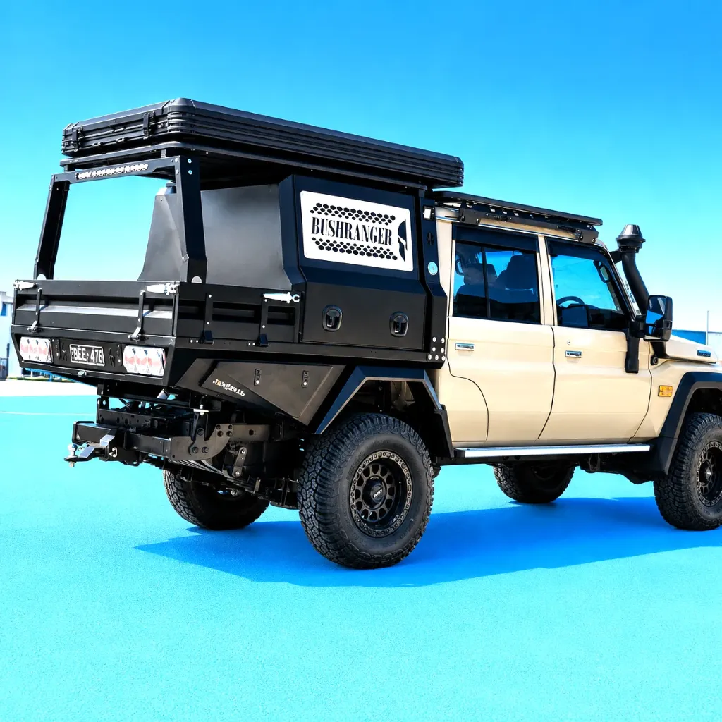 [AM-COMBO1000-LC79] STEEL TRAY AND 1000mm CANOPY ON TOYOTA LC79 - WITH ROOF RACK